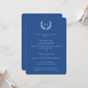 Convites Graduação da coroa azul+branco monograma