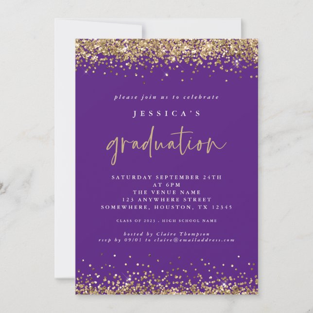 Convites Graduação da Elegant Purple Dourado Glitter 2024 (Frente)