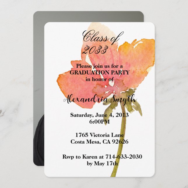 Convites Graduação da Flor Poppy Sua Foto (Frente/Verso)