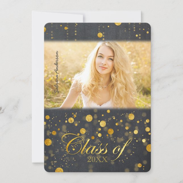 Convites Graduação da foto dos confetes da folha Dourado do (Frente)