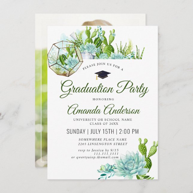 Convites Graduação da FOTO Eucalyptus Cactus Watercolor (Frente/Verso)