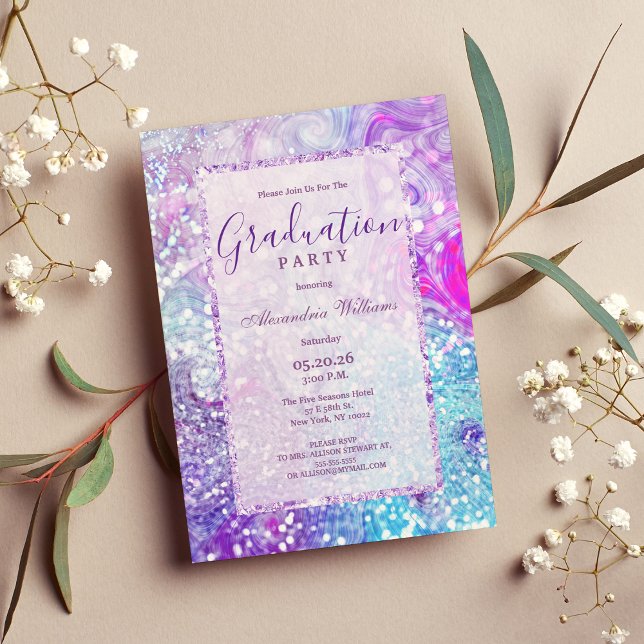 Convites Graduação da lavanda lilática lacrimal de chá (Teal lilac lavender marble glitter Graduation Invitation )
