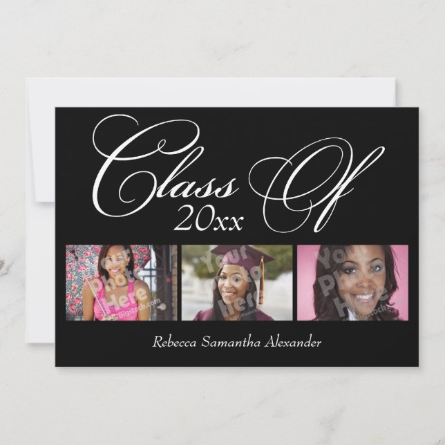 Convites Graduação de 3 Fotografias com Script Suave Preto (Frente)