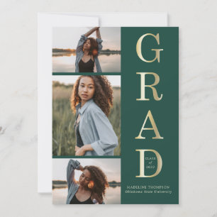Convites Graduação de 3 Fotografias Dourada Verde Elegante 