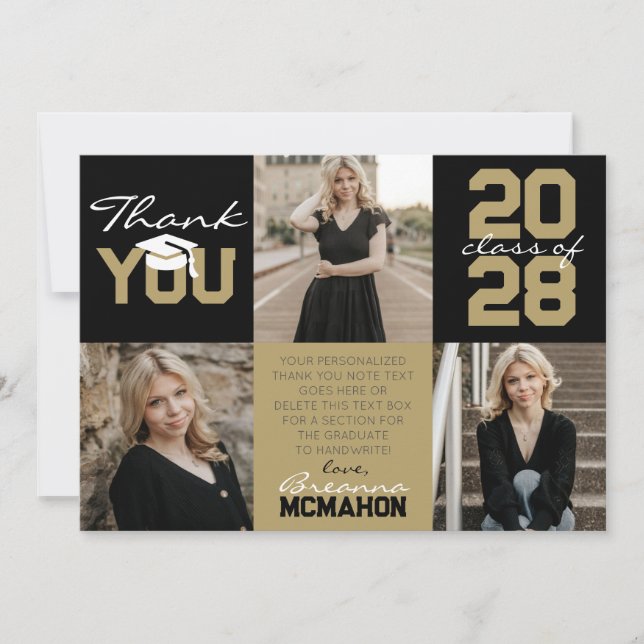 Convites Graduação de 3 Fotografias Douradas em Black & Bro (Frente)