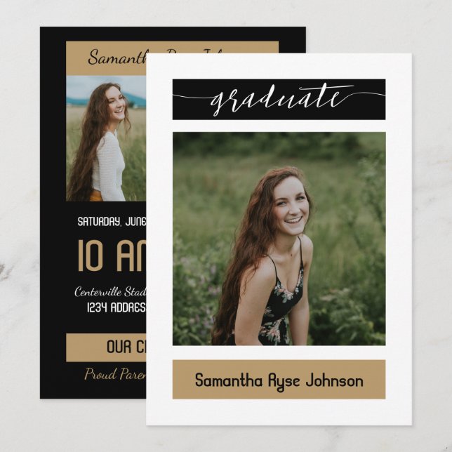 Convites Graduação de 3 Fotos do Dourado Bloco Moderno (Frente/Verso)