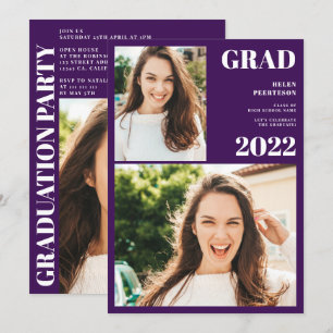 Convites Graduação de 3 fotos em branco roxo moderno