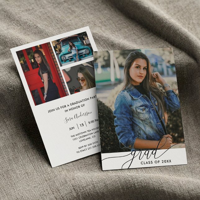 Convites Graduação de 4 Fotos Mínima Moderna Preta e Branca (Modern Black and White Minimalist 4 Photo High School or College Graduation Party Invitation )