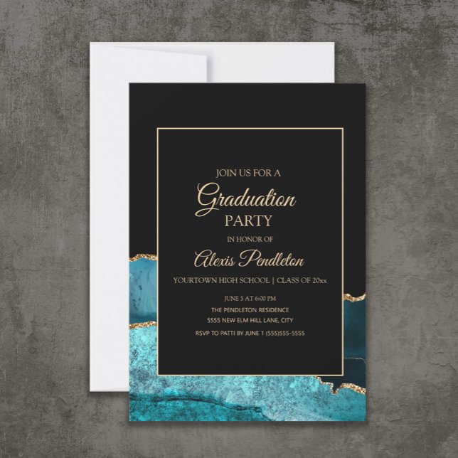 Convites Graduação de Agato de Mármore Dourado Preto Elegan (Teal and black marble/agate graduation party invitation)