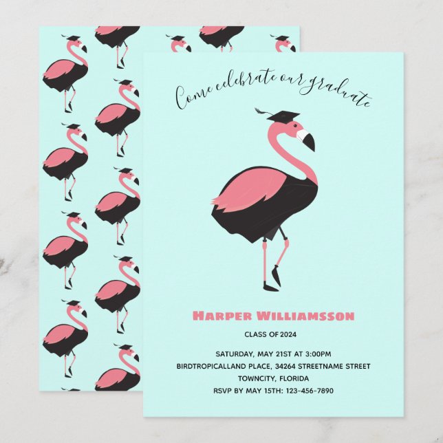 Convites Graduação de Animais Azul Flamingo Cor-de-Rosa (Frente/Verso)