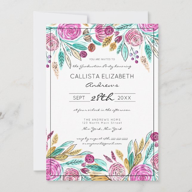 Convites Graduação de Aquarela Floral Teal Rosa Elegante (Frente)