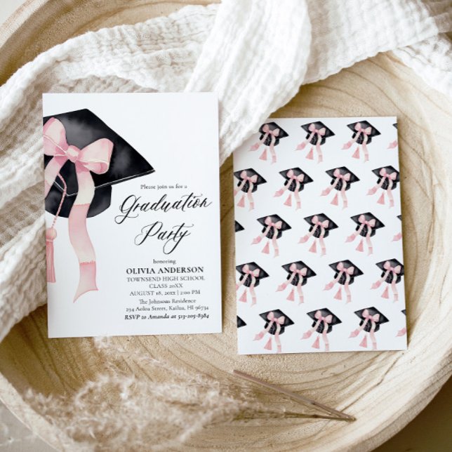 Convites Graduação de Arco rosa moderna Elegante Tendy Na m (Watercolor Modern Elegant Trendy Stylish Pink Bow Graduation Invitation)