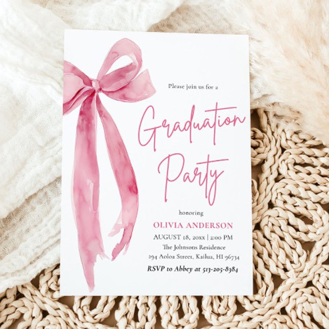 Convites Graduação de Arco rosa moderna Elegante Tendy Na m (Modern Elegant Trendy Stylish Pink Bow Graduation Invitation)