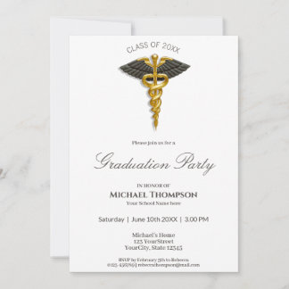 Convites Graduação de Asas Negras Caduceus Dourado Médico