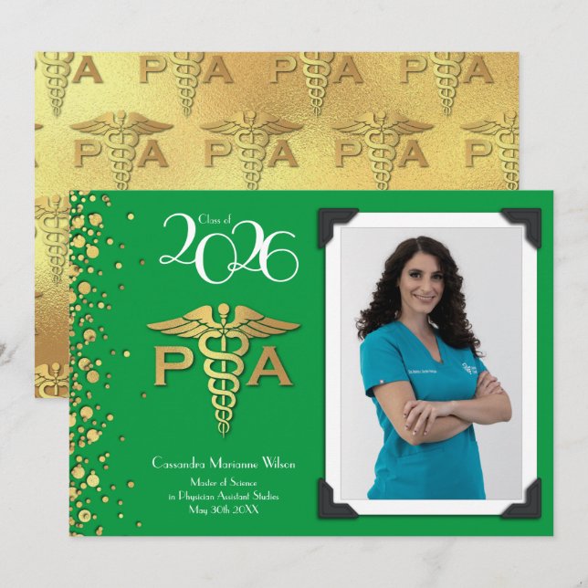 Convites Graduação de Assistente Médico AM Verde Dourado (Frente/Verso)