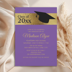 Convites Graduação de Boné Preto Dourado Púrpura Personaliz