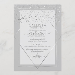 Convites Graduação de Borda Silver Confetti, Cinza Elegante
