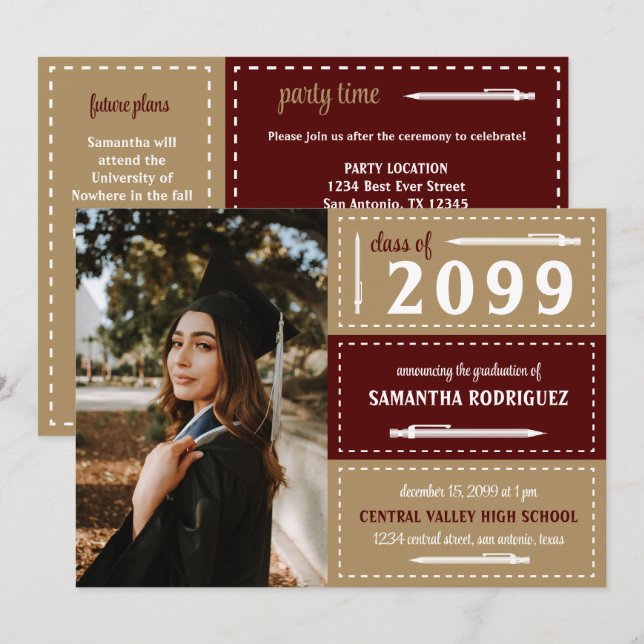 Convites Graduação de caixas dotadas e lápis Douradas (Frente/Verso)