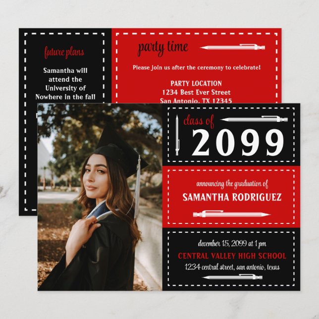 Convites Graduação de caixas pontas vermelhas e pretas e lá (Frente/Verso)