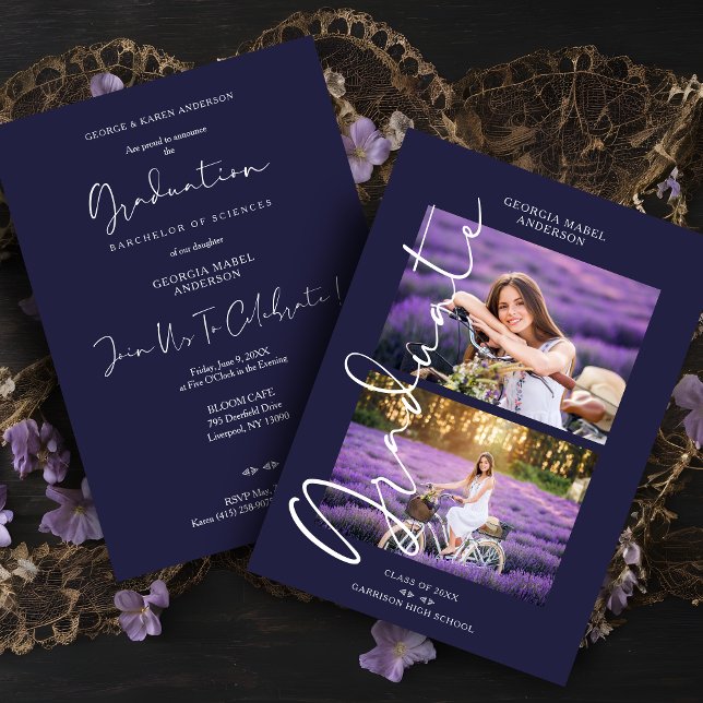 Convites Graduação de Caligrafia Purple 2 Photos Exquisite (Purple 2 Photos Modern Exquisite Calligraphy Graduation Invitation Card with Envelope.)