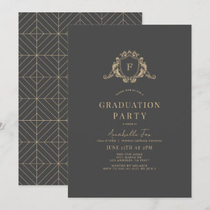 Convites Graduação de Cinzas Escuras do Monograma Dourado