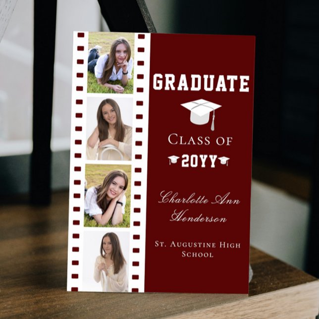 Convites Graduação de Colagem de Fotos em Filmstrip Quatro  (Red Filmstrip Four Photo Collage Graduation Announcement Invitation)