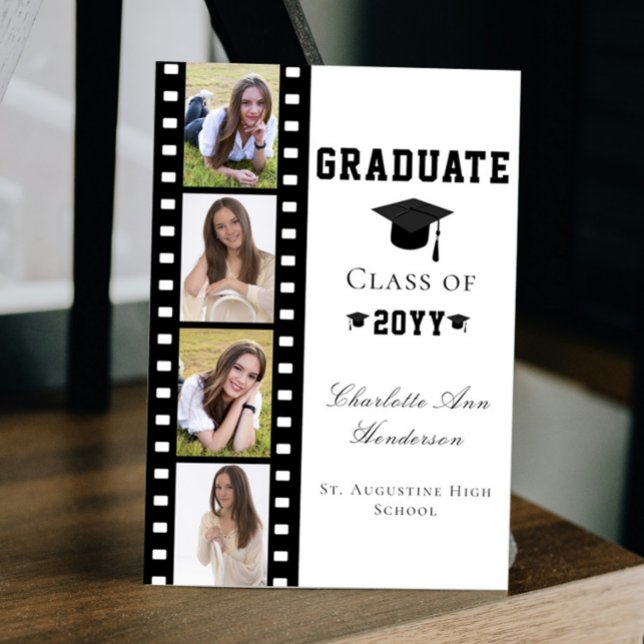 Convites Graduação de Colagem de Fotos em Filmstrip Quatro  (White Filmstrip Four Photo Collage Graduation Announcement Invitation)