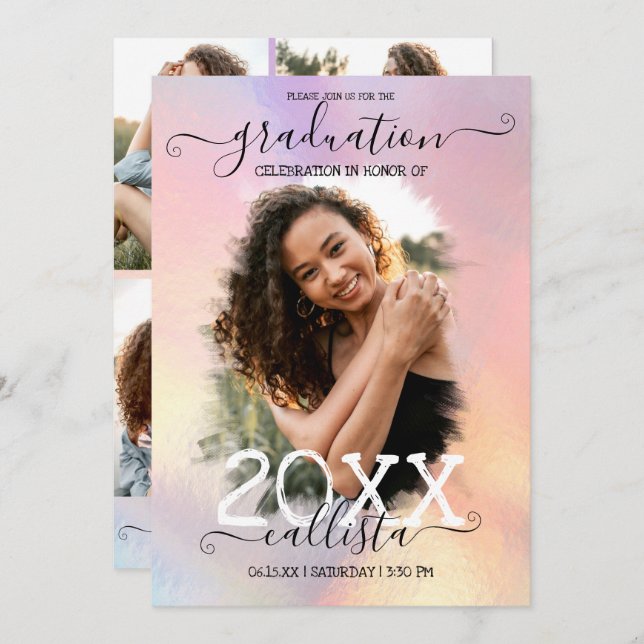 Convites Graduação de Colagem de Fotos Holográfica em Halo (Frente/Verso)