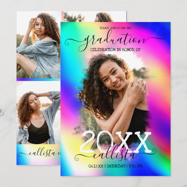 Convites Graduação de Colagem de Fotos Holográfica Neon Uni (Frente/Verso)