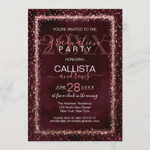 Convites Graduação de Confetti Dourada e Rosa Burgundy