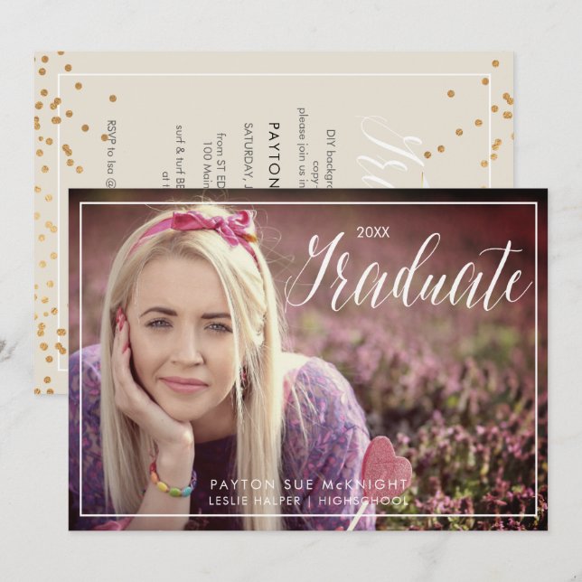 Convites Graduação de Confetti Dourada Faux Clássica PixDez (Frente/Verso)