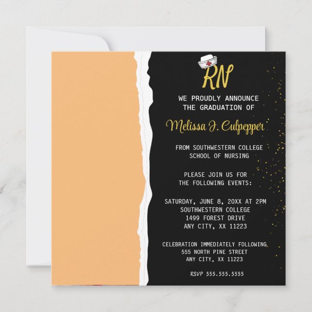 Convites Graduação de Enfermagem de Foto Preta Elegante (Frente)