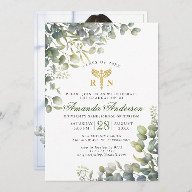 Convites Graduação de Enfermagem Eucalyptus PHOTO Watercolo (Frente/Verso)