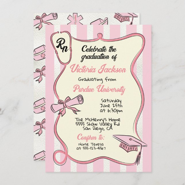Convites Graduação de Enfermeira Pink Medical RN desenhada  (Frente/Verso)