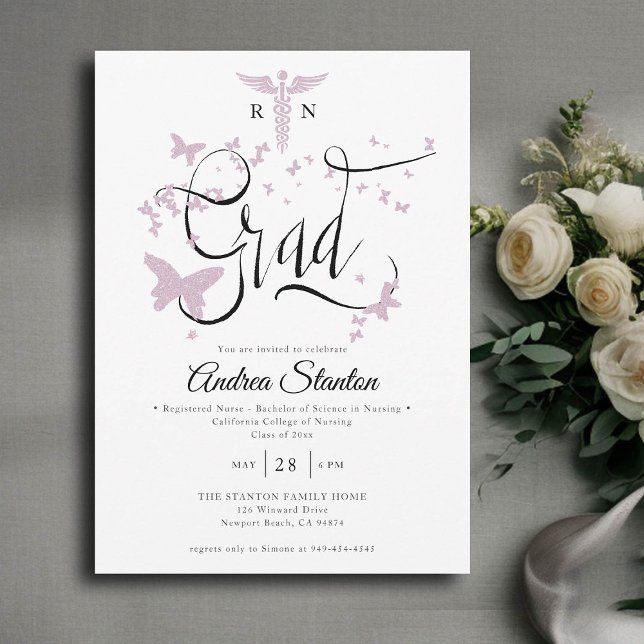 Convites Graduação de Enfermeiras Borboletas Rosa Formando  (nurse graduation party invitation pink butterflies caduceum grad calligraphy elegant classic modern)
