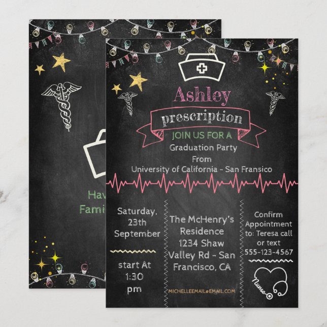 Convites Graduação de Enfermeiros Chalkboard (Frente/Verso)