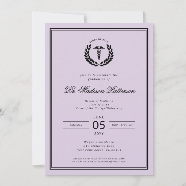 Convites Graduação de Faculdade de Medicina Elegante e Mini (Frente)