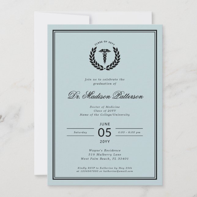 Convites Graduação de Faculdade de Medicina Elegante e Mini (Frente)