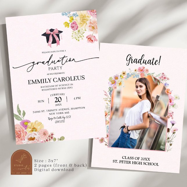 Convites Graduação de Flor Silvestre Rosa Corada Com Foto (Criador carregado)