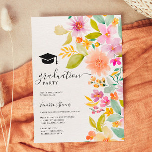 Convites Graduação de flores a aquarela de jardim preto