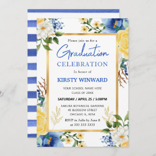 Convites Graduação de Flores Amarelas e Azuis de Aquarela