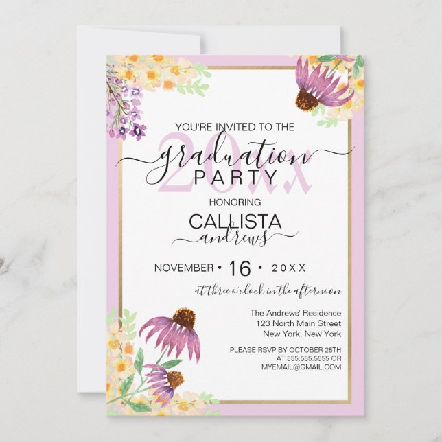 Convites Graduação de Flores Selvagens de Amarelo Púrpura a (Frente)