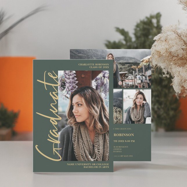 Convites Graduação de formando esmerald verde (Script green emerald graduate photo graduation Invitation)