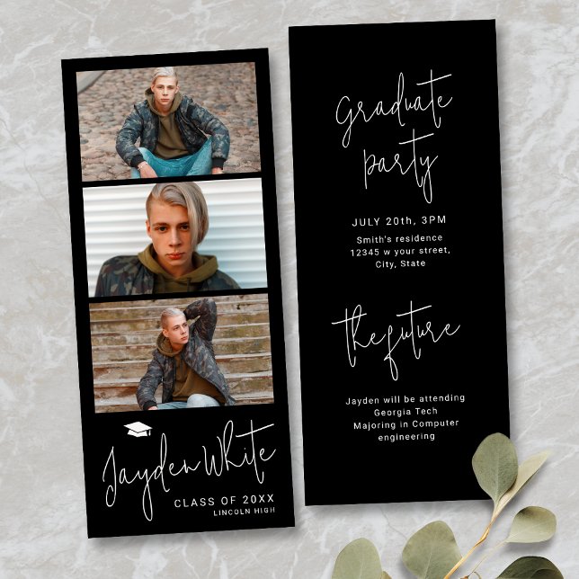 Convites Graduação de Foto 3 Script Moderno Simples Preto (Black Simple Modern Script 3 Photo Graduation Invitation)