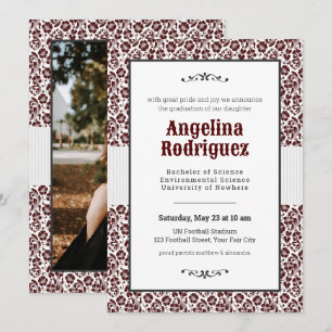 Convites Graduação de Foto Aggie Maroon Floral Damask