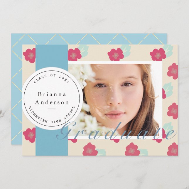 Convites Graduação de Foto Azul Floral e Fita de Fita (Frente/Verso)