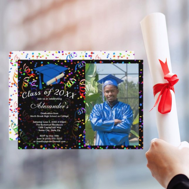 Convites Graduação de Foto Boné Azul Classe Confetti (Photo Graduation Blue Cap Confetti Class of Party Invitation)