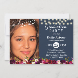 Convites Graduação de Foto Borgonha Vermelha Marinho Floral