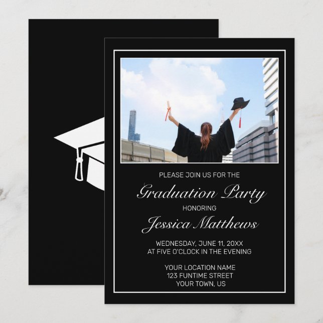 Convites Graduação de Foto Branca Mínima Moderna e Preta (Frente/Verso)