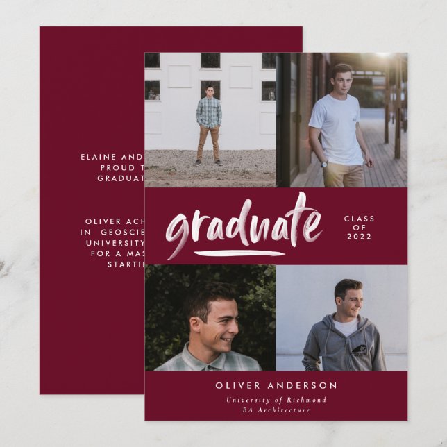 Convites Graduação de foto-burgundy com script verde modern (Frente/Verso)